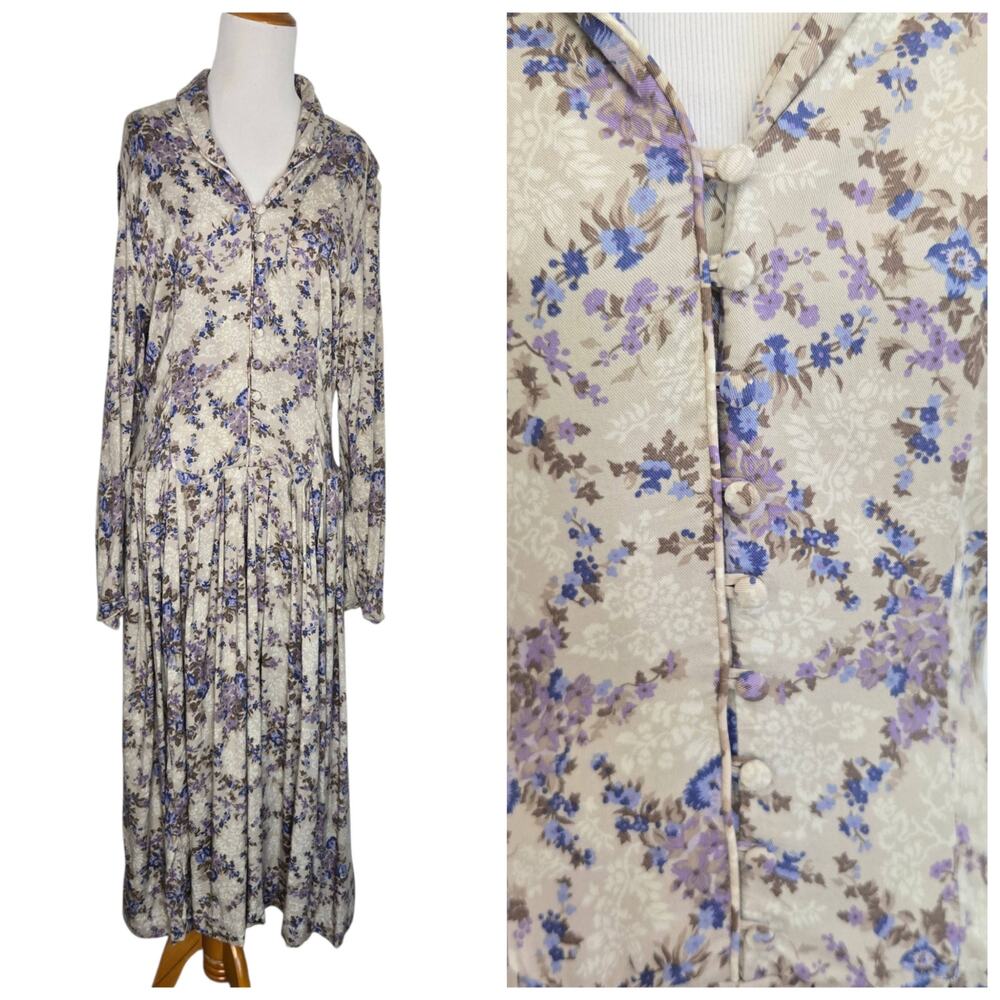 Vintage 80s Laura Ashley Cottage Dress Floral Prairie Maxi Drop Waist Women 12